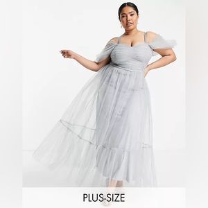 ASOS Size 24 Lace & Beads Plus Bridesmaid Alicia cross back tulle dress in blue